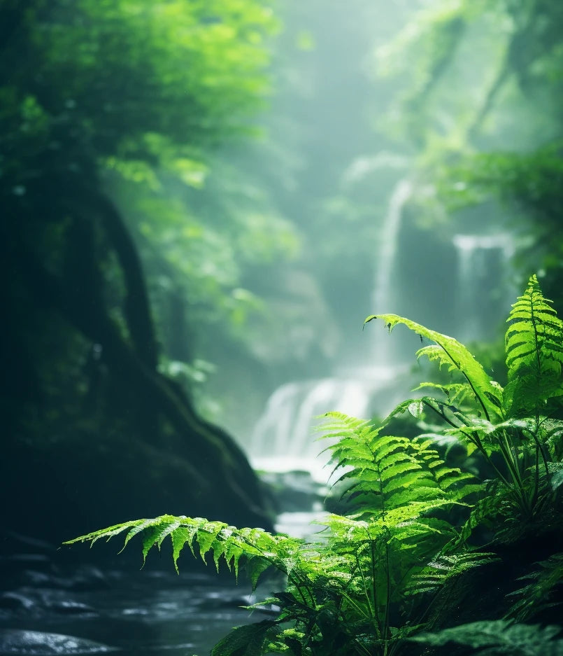 Tropical plants with a blurred waterfall and creek in the background.