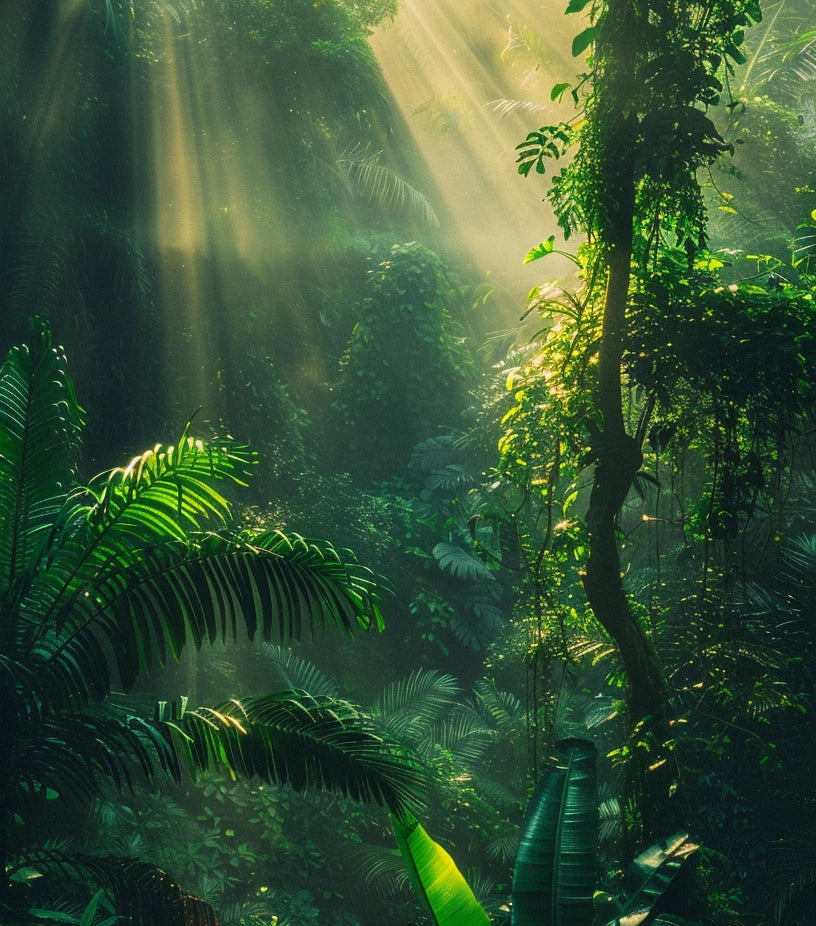 A picture of a dense tropical rainforest with rays of light shining from the top.