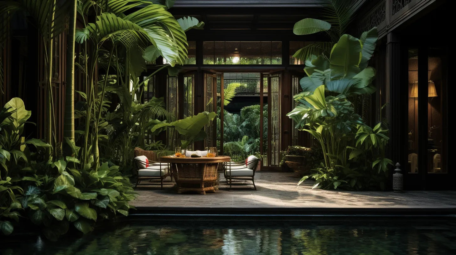 A tea lounge in a Southeast Asian mansion by a pool, surrounded by tropical plants.