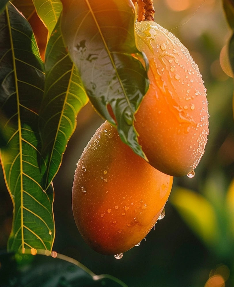 Two ripe mangoes covered in morning dew hanging from a mango tree.