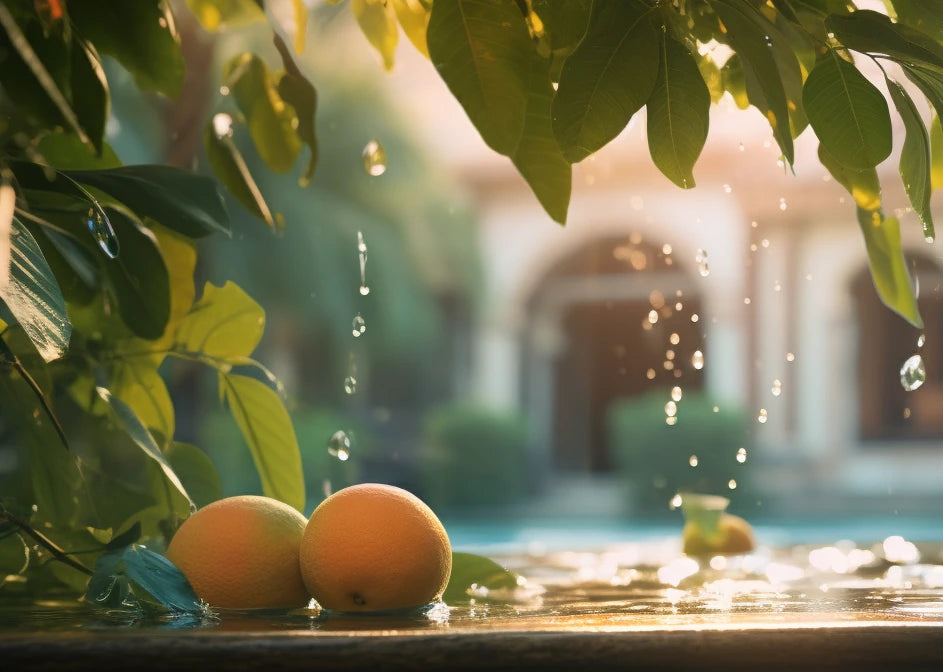 Two ripe mangoes fallen from a mango tree under the rain.